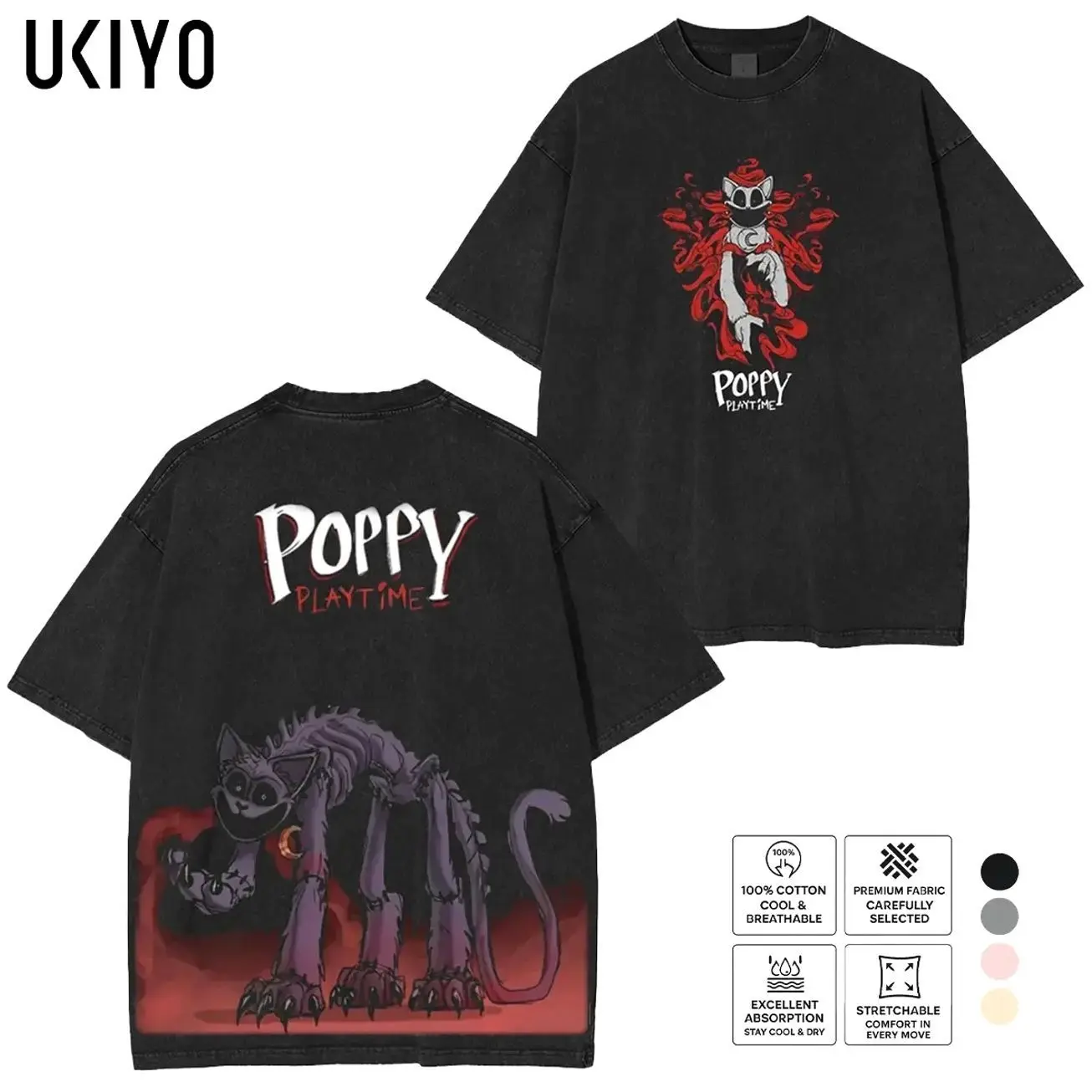 Poppy Playtime CatNap Graphic Tee | Vintage Mineral Washed Oversized T-Shirt | Smiling Critters Horror Heavyweight Cotton Retro Menswear Streetwear Top X52