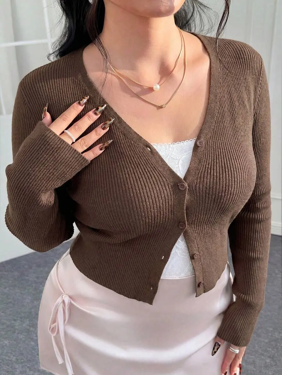 LUNA LAYER Womens Plus Size Lightweight Rib Knit Cropped V Neck Cardigan Brown