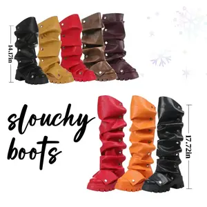Women's Mid-Calf Slouchy Boots Platform Heels Ruched Design Knee-High Fold-Over Chunky Heel Short Booties Round Toe for Girls Walking ShoesRAIMENTRY