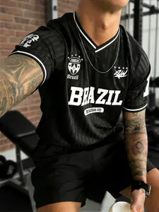 Men's Brazil Theme Sports T-Shirt, Striped Football Jersey with Brazilian Logo, Casual Sportswear for Soccer Fans, Sports Tops