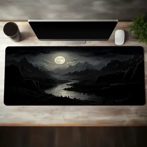Moon & Mountain Pattern Mouse Pad, Large Gaming Mouse Pad, Office Desk Accessories Non-slip Rubber Base Stitched Edge Desk Pad For Home Office Game, Gaming Desk Accessory