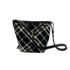 Pre-owned BURBERRY CANVAS Crossbody Bags Drawstring Check Bucket Shoulder Bag Black BRBucketB