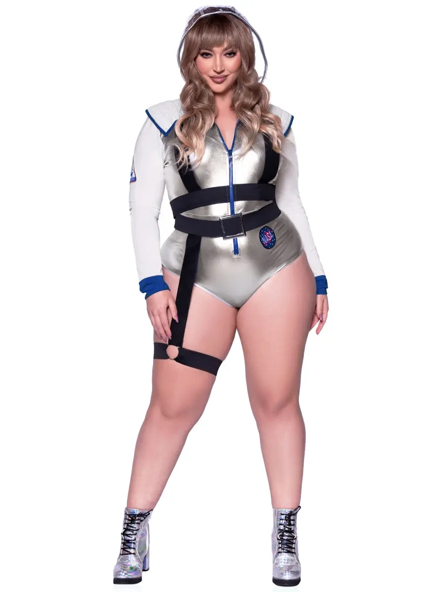 Leg Avenue Women's 3-Piece Stretchy Alien Galaxy Halloween Party Bodysuit Costume Set (1X-2X Spandex) with Detachable Zipper-Accented Belt, Body Harness & NASA Patches (Model 86739X 10108)