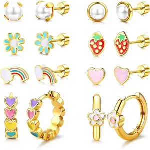 CASSIECA Women's 316 Surgical Steel Hypoallergenic Earrings Set - Cute Small Daisy Hoops, Heart Strawberry Rainbow Pearl Flat Back Ear Studs, Metal Coated for Daily Wear & Summer Vibes (For Sensitive Ears), Flat Back Earrings