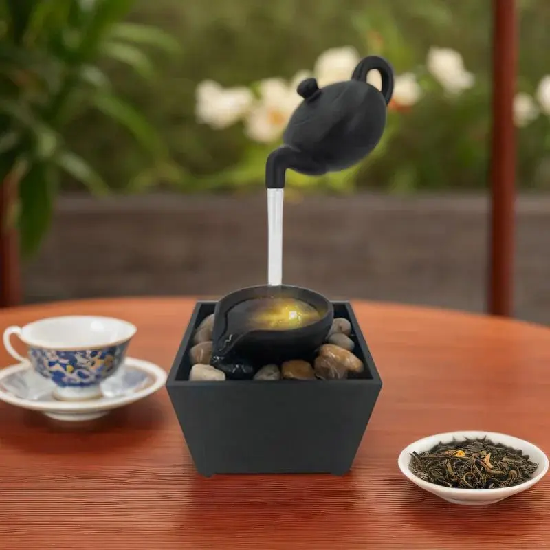 Floating Teapot Water Feature Decoration Indoor Tabletop Waterfall Decoration with LED Light Stone Home Office Desktop Decoration