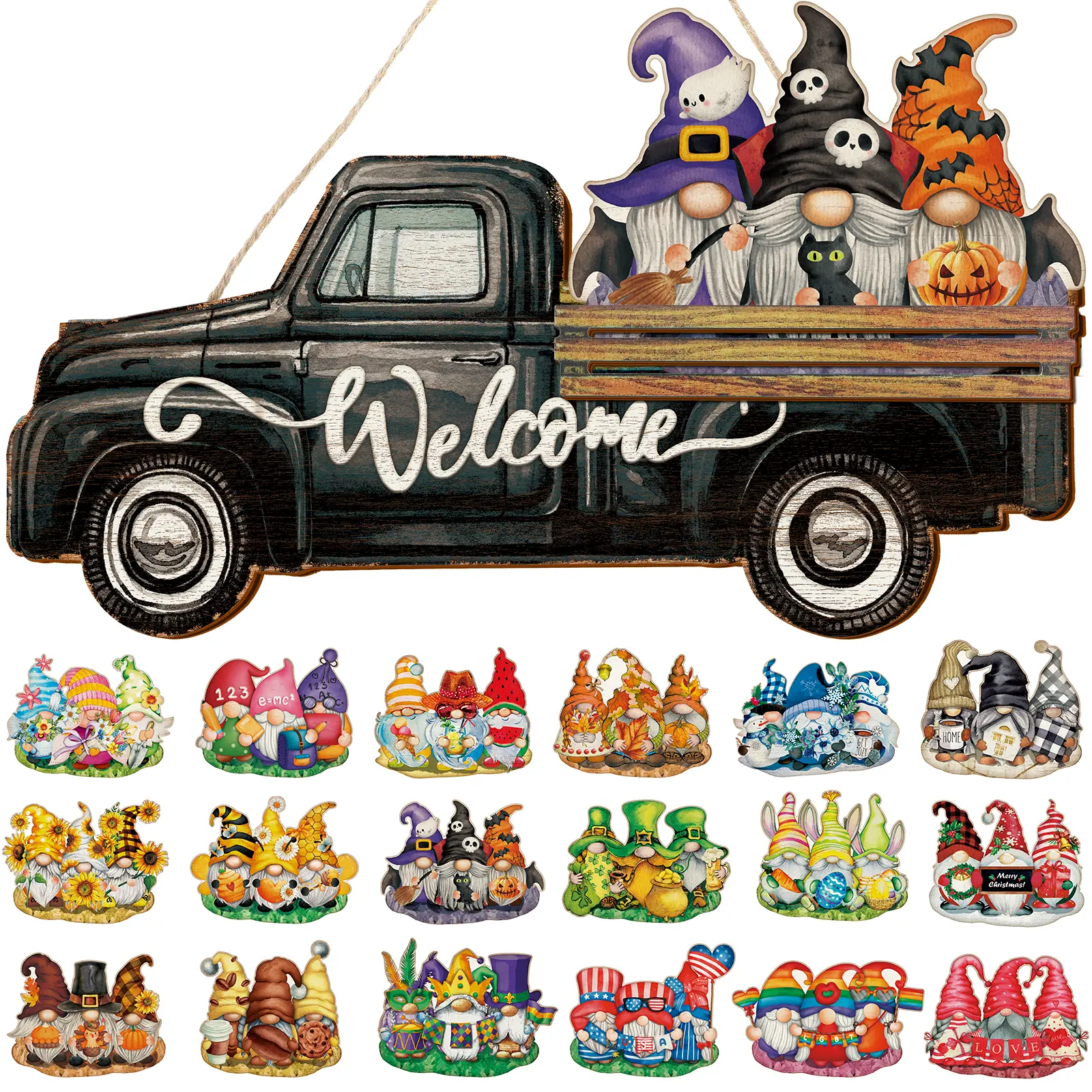 Interchangeable Wooden Truck Gnome Welcome Sign - 22 Pcs Seasonal Front Door Decor, Entryway Decoration for Valentines Day, Children’s Day, Farmhouse Home Bar, Housewarming Birthday Gift