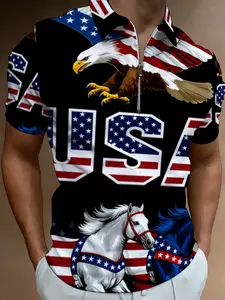 Men's Short Sleeve Patriotic Polo Shirt with American Flag Pattern, Trendy Printed Casual Top