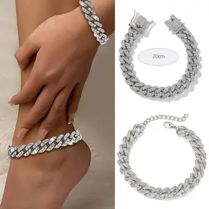 Two-piece Set of Luxurious Exaggerated Thick Hip-hop Cuban Rhinestone Chain Bracelet and Anklet Set Hip-hop style jewelry Gift