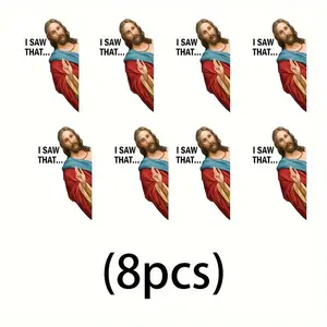 8PCS/SET ：Street Cool Meme Religious Sticker, Functional Style 8pcs Peeking Jesus "I SAW THAT" Body Decal, Suitable for Sedans, Off-road Motorcycles, Skateboards, Computer Cases, Waterproof & Scratch-resistant Personalized Reflective Sticker