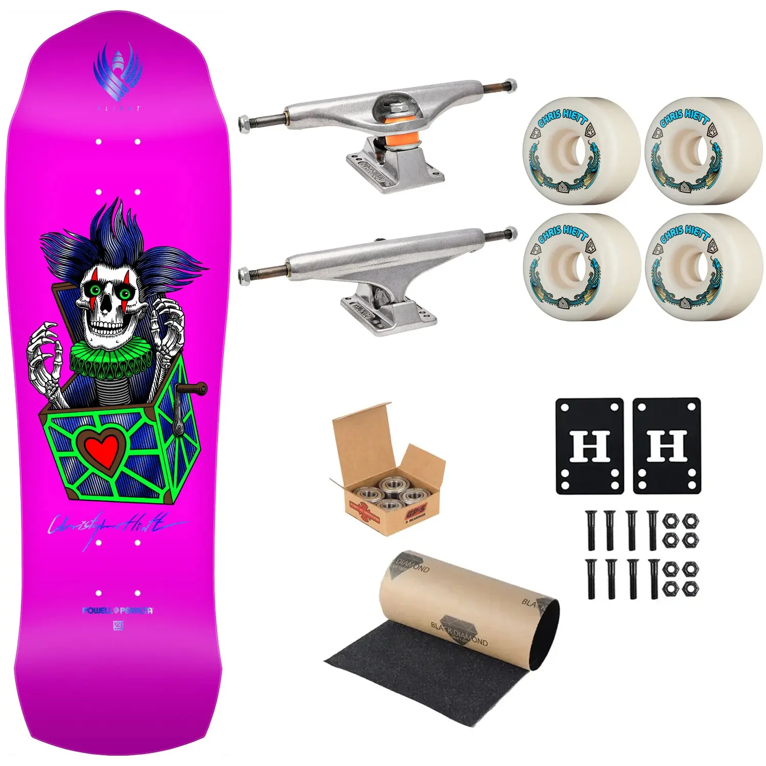 Powell Peralta Premium Flight Skateboard Chris Hiett Skull 9.5" Independent Trucks, Dragon Formula Wheels, Indy Bearings