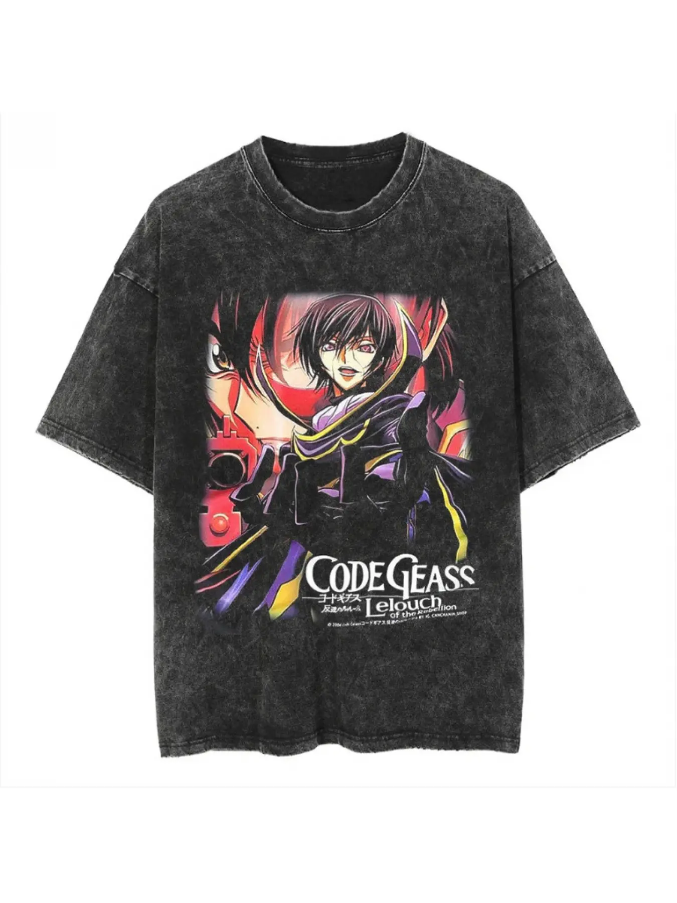Lelouch Anime T-Shirt, Vintage Washed Graphic Tee, Japanese Mecha Streetwear, Perfect Gift Cool Shirts,Graphic Washed Oversized Tees for Men & Women,Summer Round Neck Short Sleeve ,Sports Shirt,Workout T-shirt