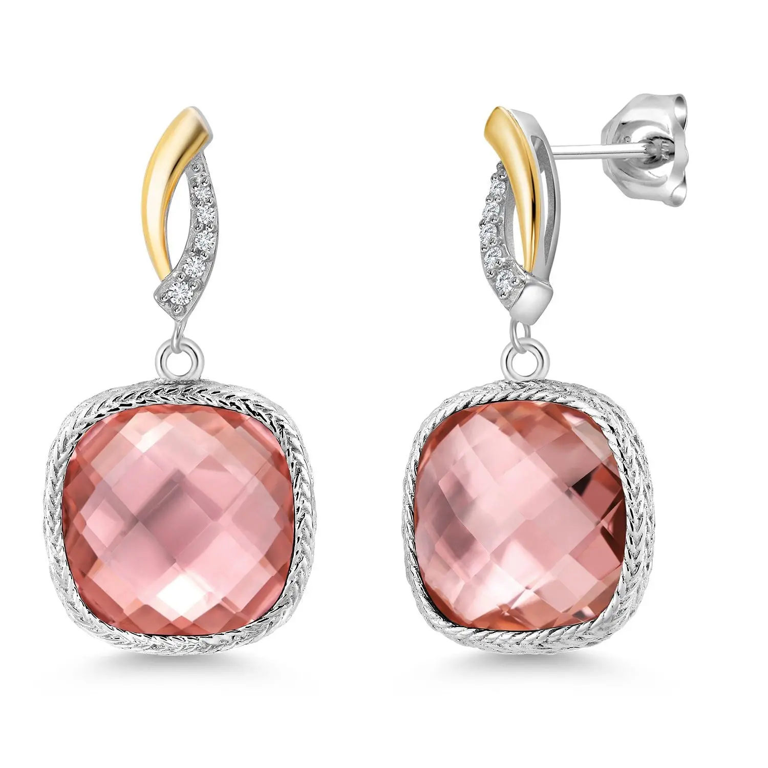 Gem Stone King 925 Sterling Silver Peach Nano Morganite and White Lab Grown Diamond Earrings for Women | 15.11 Cttw | Gemstone October Birthstone | Cushion 12MM