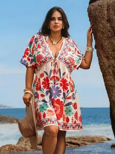 Plus Size V-Neck Dress | Sexy Floral Plant Print for Beach Holidays