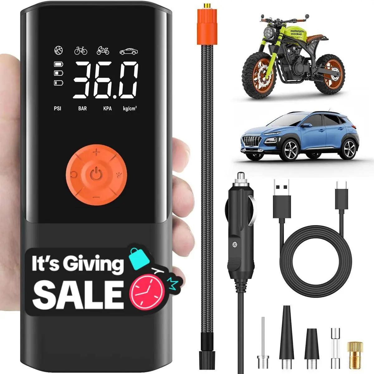 Teffim Portable Emergency Car Tire Inflator - Car Air Pump with Digital Pressure Gauge - 150 PSI - Motorcycle, Electric Bike, and Bicycle Pump with LE