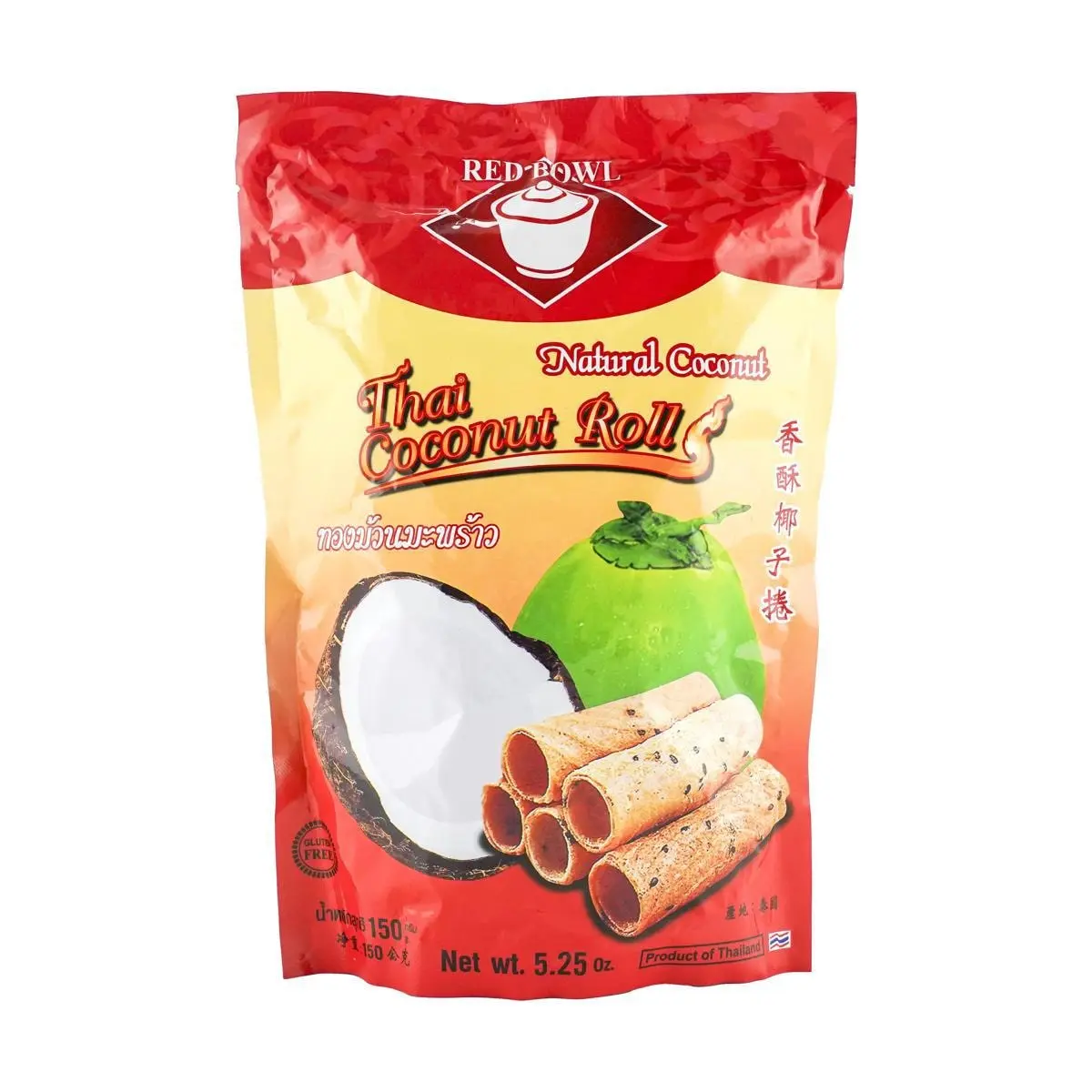 RED BOWL Crispy Coconut Rolls - Authentic Thai Snack, 150g Pack, Sweet Egg Wafers