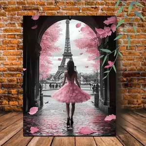 2D Flat [Hanging Art]1pc Wooden Framed Canvas Painting Eiffel Tower and Pink Flowers Archway Art Prints Wall For Bedroom Living Room Home Decor Romantic Parisian Scenery Ready to Hang Gift for Art Lovers and Home Decoration Enthusi