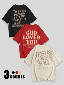 Breathable Casual Loose-Fit Round Neck Knit T-Shirt, Jesus Loves You Print, Perfect Christian Streetwear Clothing for Daily Wear, Pack of 3 Tops