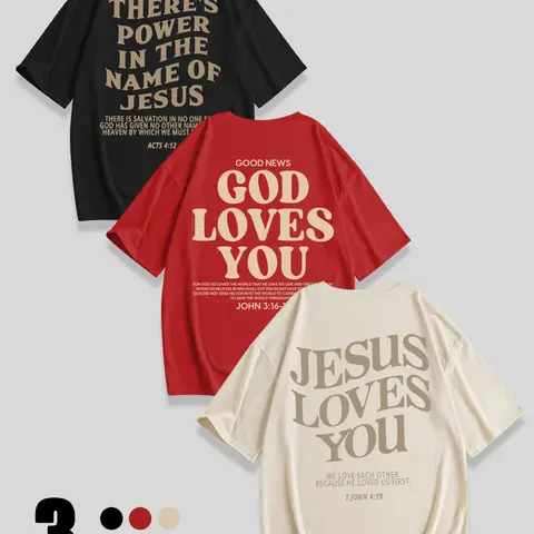 Breathable Casual Loose-Fit Round Neck Crewneck Knit T-Shirt, Apparel T Shirt, Casual Graphic Tee, Jesus Loves You Print, Perfect Christian Streetwear Clothing for Daily Wear, Pack of 3 Tops