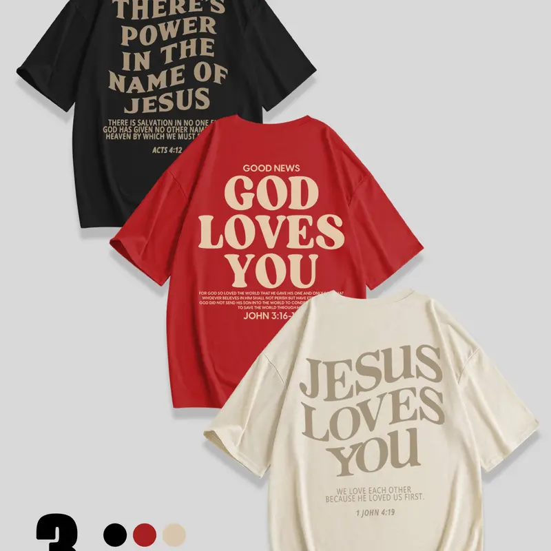Breathable Casual Loose-Fit Round Neck Crewneck Knit T-Shirt, Apparel T Shirt, Casual Graphic Tee, Jesus Loves You Print, Perfect Christian Streetwear Clothing for Daily Wear, Pack of 3 Tops