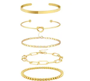 Tewiky Jewelry Bracelets for Women Waterproof, 5Pcs Jewelry Sets for Women Trendy Thin Dainty Stretch Multilayered Bangles Gold Plated  Link Paperclip Chain Bracelet Pack Fashion Accessories Gifts for Womens maximalist jewelry