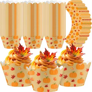100 Pcs Fall Pumpkin Maple Leaf Cupcake Wrappers Rustic Cupcake Liners Thanksgiving Baking Cups Baking Liners for Autumn Wedding Bridal Baby Shower Birthday Party Supplies Dessert Decoration