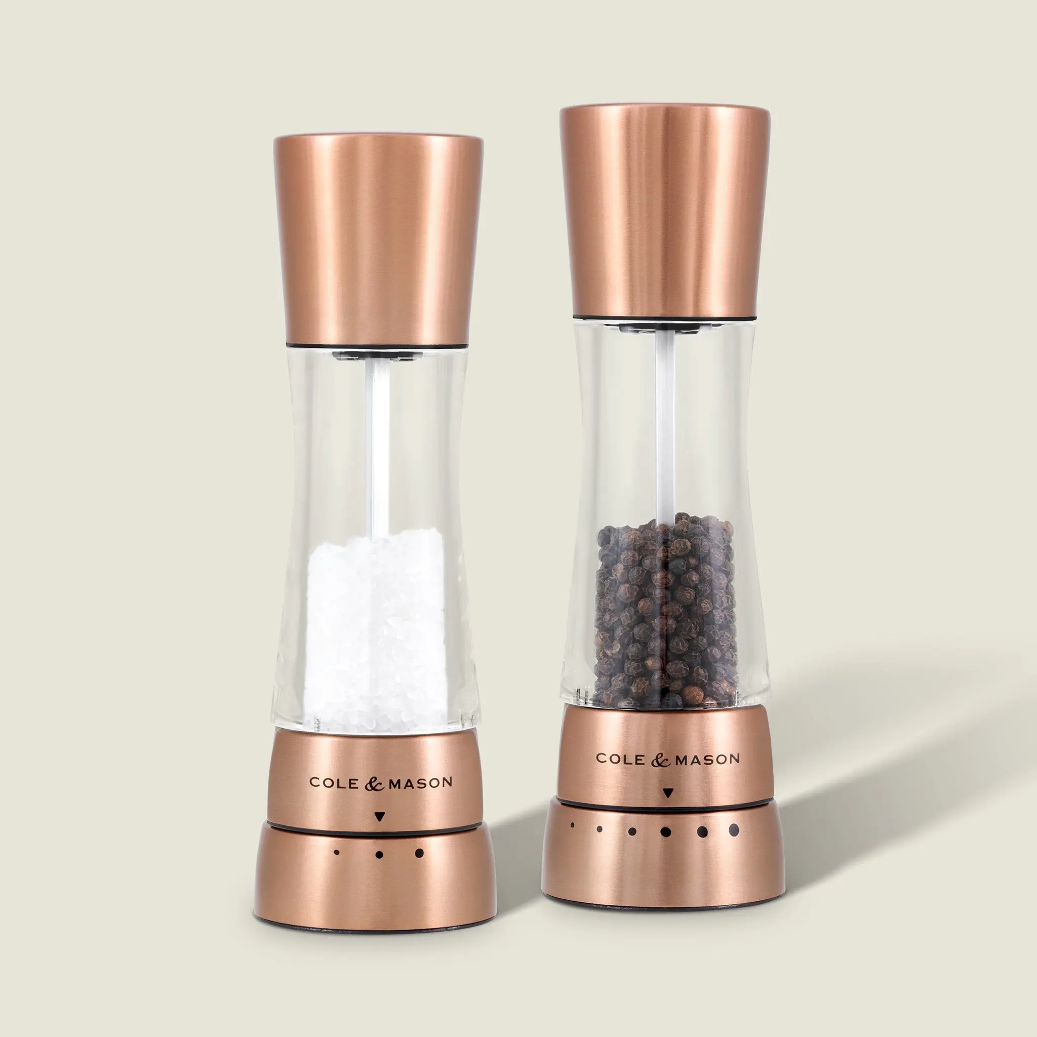 Cole & Mason Derwent Copper Smooth Spice Shaker Set, Stainless Steel Salt & Pepper Mills for Kitchen Seasoning Utensils
