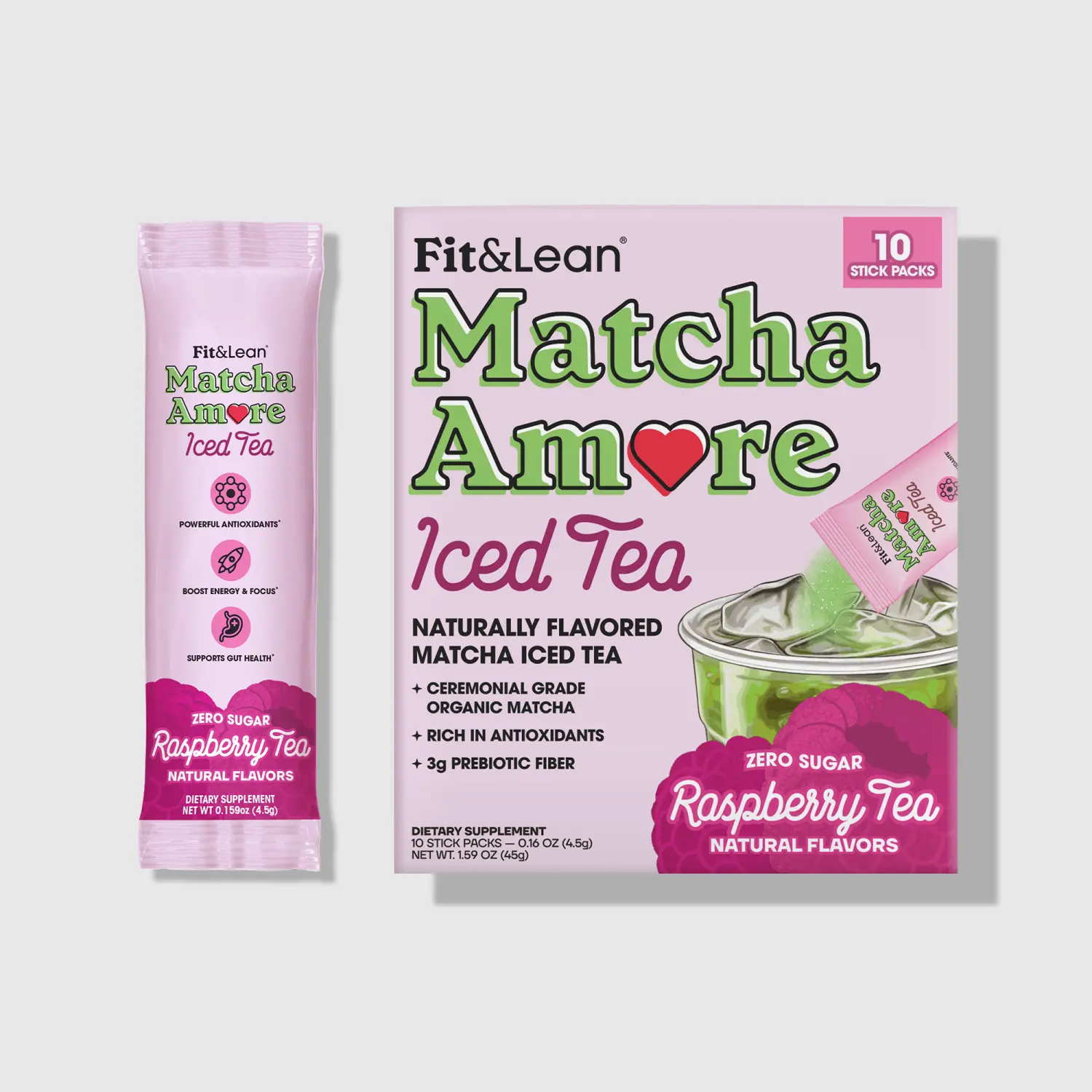 Fit&Lean Matcha Amore Iced Tea, 100% Organic Japanese Ceremonial Grade Matcha Green Tea, Prebiotic Fiber, L-Theanine, Naturally Sweetened, NON-GMO, 0 Sugar, 10 Stick Packs
