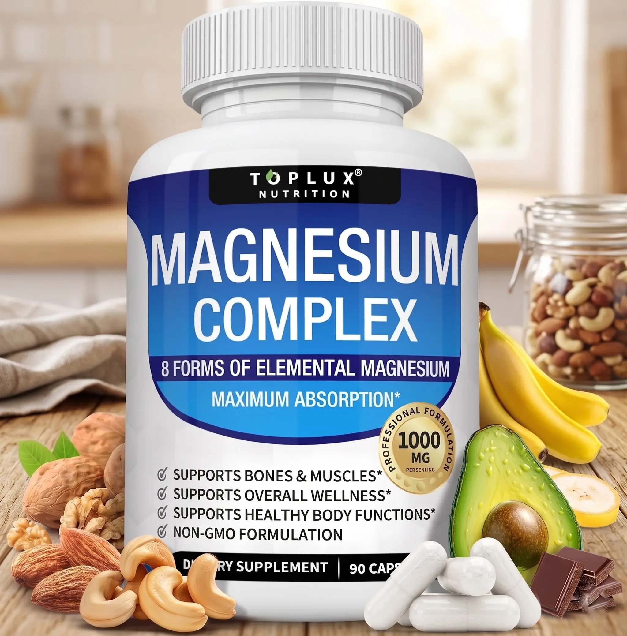 8-in-1 Magnesium Complex Supplement 1000mg with Glycinate Citrate Malate Taurate and Chelated Elemental Magnesium High Absorption Blend for Muscle Recovery Bone Health Nerve Support Sleep and Energy Vegan Non-GMO Daily Capsules 90 Count