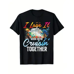 Men'S Vintage Cruise-Themed Graphic T-Shirt - "I Love It When We're Cruisin' Together" Nautical Design with Cruise Ship & Tropical Palm Tree Print, White Short Sleeve Round Neck Casual Shirt for Cruise Vacations & Casual Attire