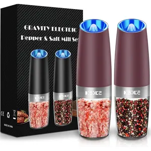 Gravity Electric Pepper Grinder, Salt or Pepper Mills & Adjustable Coarseness, with LED Light, One Hand Automatic Operation -Set/RoseRed