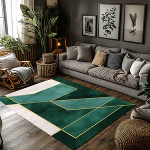 Green White Gold Geometric Crystal Velvet Area Rug Non‑Slip Modern Living Room Rug#GreenWhiteGoldGeometricRug #ModernHomeDecor #ContemporaryPatternRug #ElegantAccentCarpet #CrystalVelvetRug
