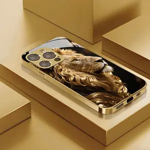 Stylish Golden Electroplated Smartphone Cellphone Case with Handsome Blonde Lion Side Profile - Phone Cover Protector Accessories for iPhone 17, 16, 15, 14, 13, 12, 11 Plus Pro Max