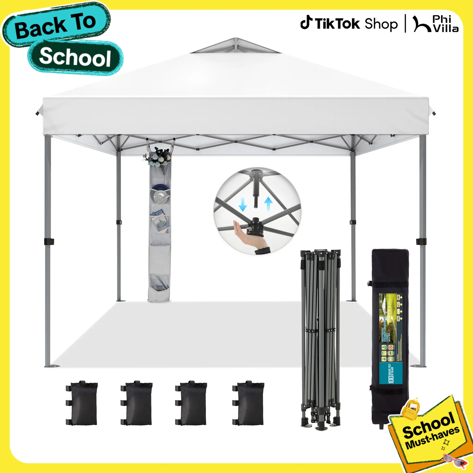 【Water Proof & UV Resistant】PHIVILLA Home 10x10ft/12x12ft Pop-Up Canopy, One-Person Instant Setup Gazebo with Vented Roof & Side Storage Pocket for Backyard, Beach, Camping & Events