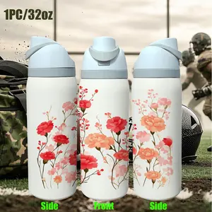 1pc 32oz Stainless Steel Insulated Thermal Mug with Lid and Straw, Floral Pattern Vacuum Cup, Keep Hot 12H/Cold 24H, Personalized Drinkware, Travel Coffee Tumbler, High‑Exposure Trending Travel Mug Gift for Women, Flasks