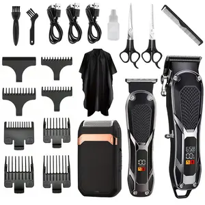 Electric Hair Clipper Set, LED Display Trimmer, Home Use 3-Piece Kit, Large Battery, Powerful Motor, Salon Quality Clippers