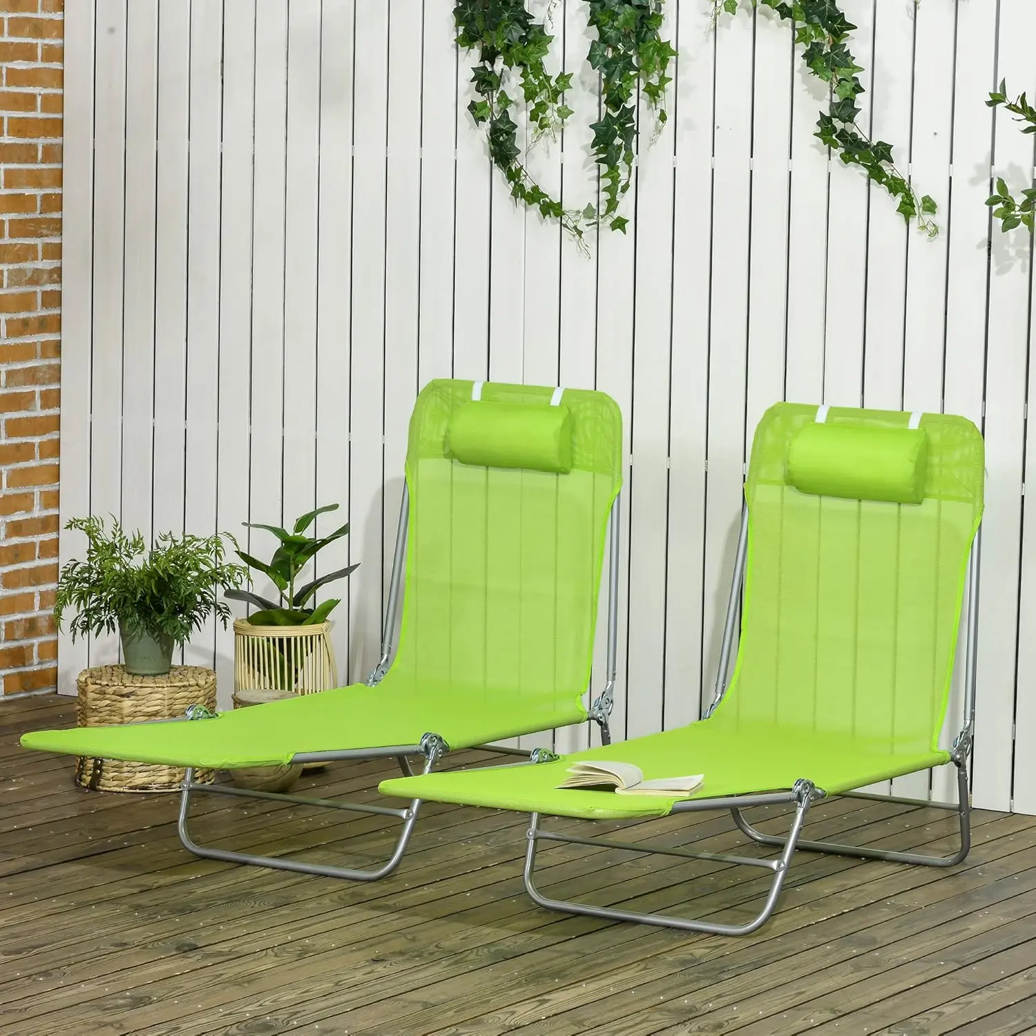 Crestholm Set of 2 Folding Chaise Lounge Chairs,5 Position Reclining Back, Breathable Mesh Seat, Headrest Pillow, 264 LB Capacity, Water Safe Steel Frame Pool, Beach and Yard Sun Lounger Pair