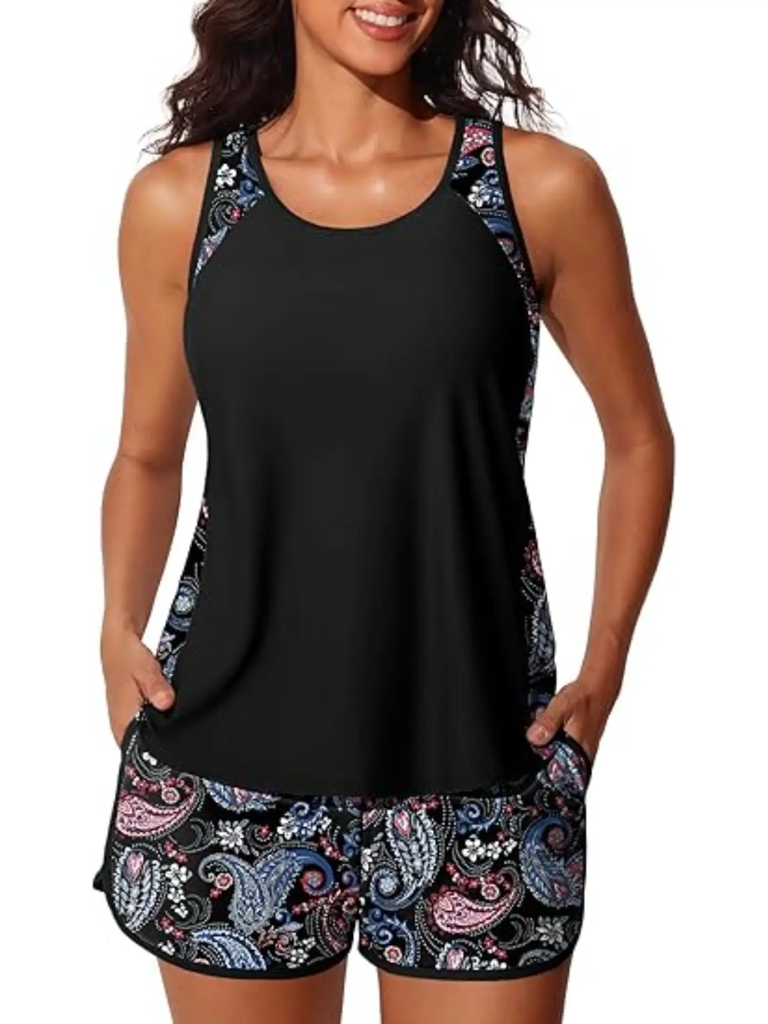 Women's 2-Piece Blouson Tankini Swimsuits 2026, Tummy Control, Sporty Pockets Swim Shorts, Floral Print, Trending Swimsuits 2026, Tankini Tops, Beach & Swimming Sports Wear