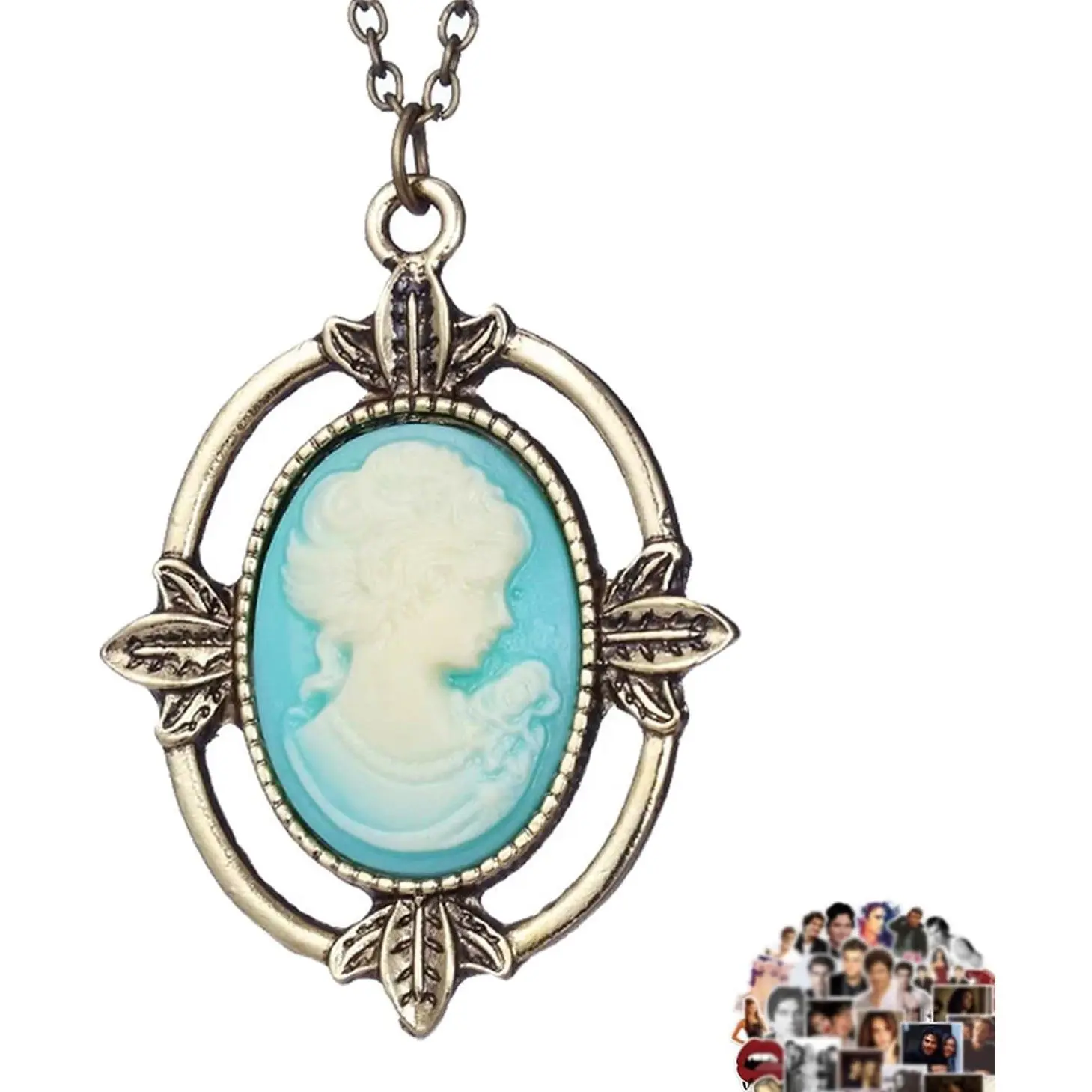UoYu The Vampire Katherine Bronze Head Stone Charm Pendant Necklace Set, Exquisite Costume Jewelry Gift for Fans, Cosplay Accessory with 21 Stickers, Exquisite Jewelry Gift