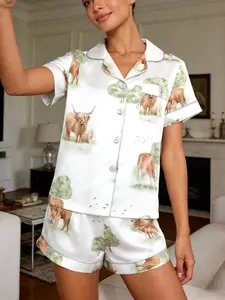 Farm Girl Pajamas Set Pjs, Cute Watercolor Cow Print Sleepwear Loungewear, Women's Short Sleeve Shorts Button Front Cardigan Home Wear Two-Piece Suit