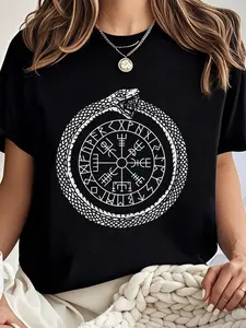 100 cotton Mystic Ouroboros - Ancient Viking Symbol Vegvisir - Norse T-Shirt Women Graphic T-Shirt Cotton Print short Sleeve Casual Top, Summer Tee Womens Tops