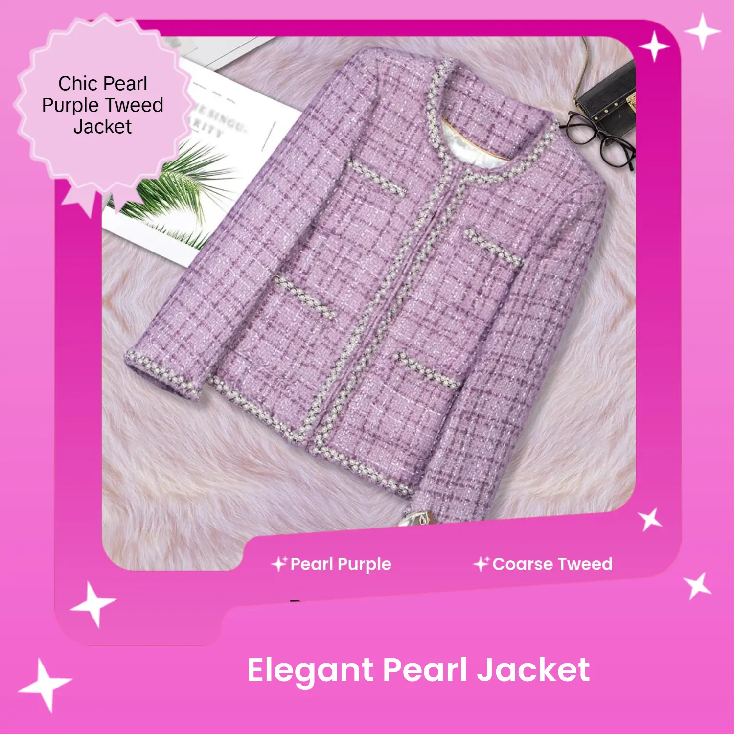 Women's Chic Fitted Plaid Tweed Jacket in Pearl Purple, Crew Neck Long Sleeve Top with Pearl Buttons, Tops, Coats, Outerwear, Long Sleeves, Lady, Pearls