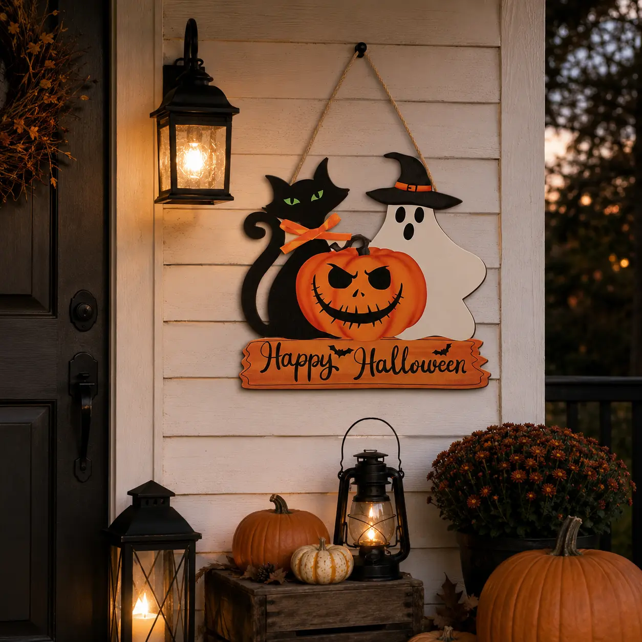 Halloween Welcome Door Sign, Black Cat Ghost Pumpkin Bat Hanging Porch Decor for Front Door Wall Entryway Party Decoration