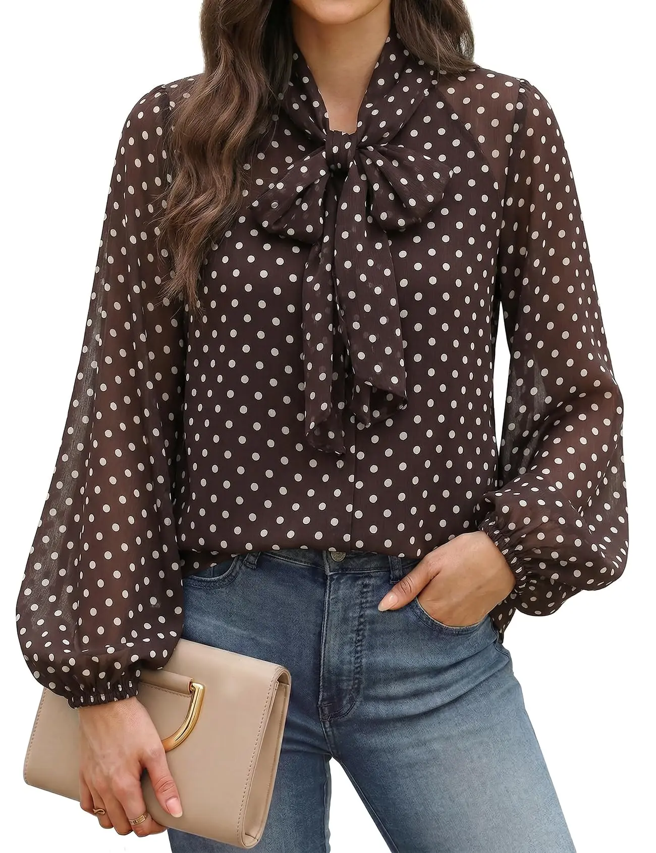 Arssm Polka Dot Shirt Women Bow Tie Neck Long Sleeve Blouses Chiffon Tops