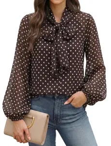 Arssm Polka Dot Shirt Women Bow Tie Neck Long Sleeve Blouses Chiffon Tops