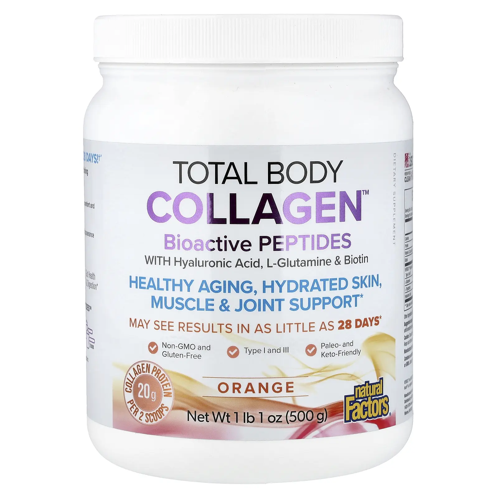 Natural Factors Total Body Collagen™, Bioactive Peptides, Orange, 1 lb 1 oz (500 g)