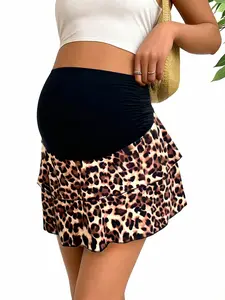 Fashion Leopard Print Cake Dress, High Waist Dual Layer Design, Comfortable Stretchy Maternity Sports Tennis Skirt, Trendy Pregnancy Wear