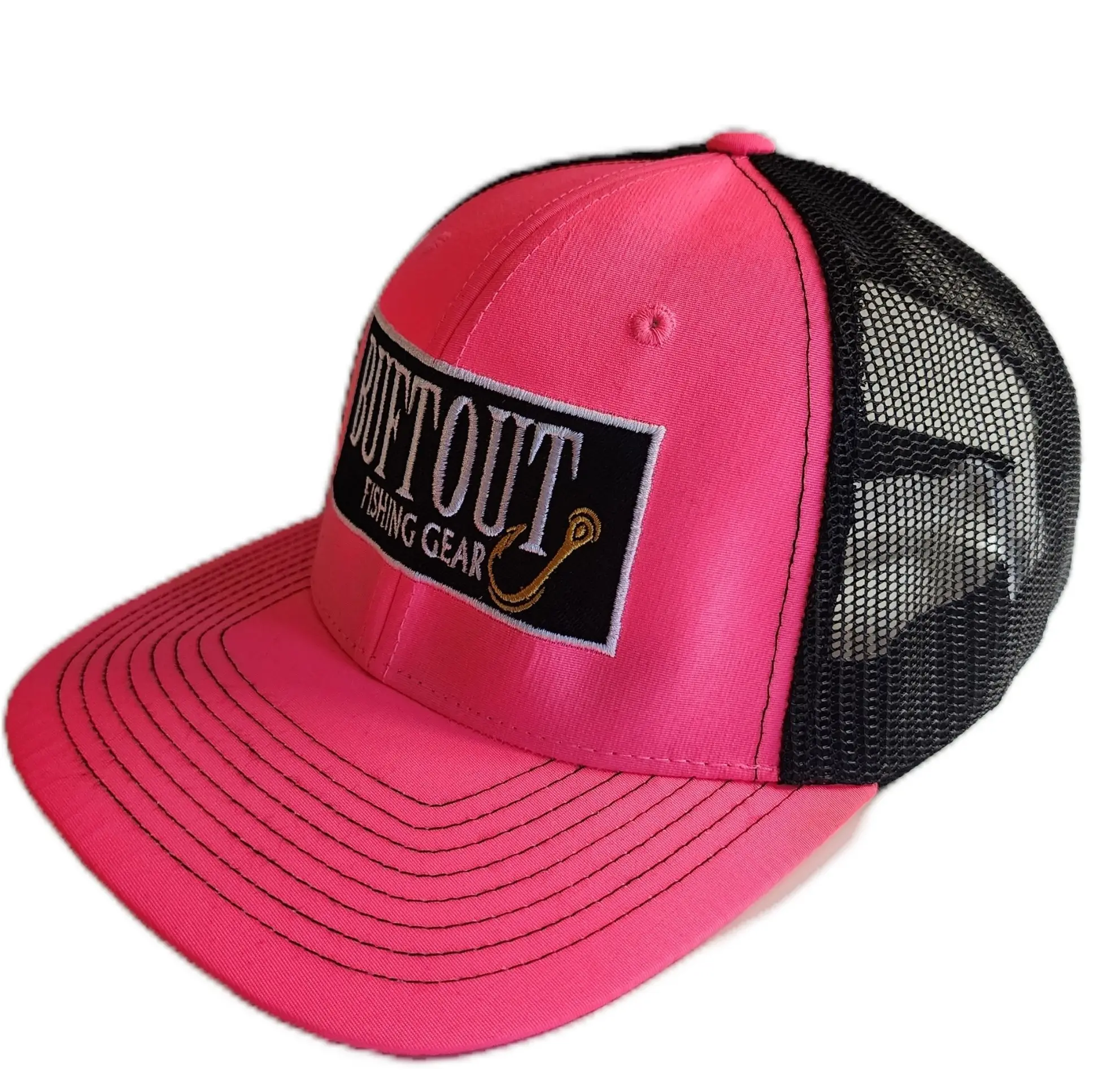 Buftout Fishing Gear Pink-Black Meshback Trucker Hat Adjustable Snapback Closure Breathable Mesh Back Panels Durable Cotton & Polyester Construction