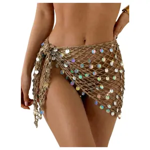 Women' Glitter Sequin Wrap Knot Side Sarong Coverup Crochet Vacation Bikini Cover Up Skirts