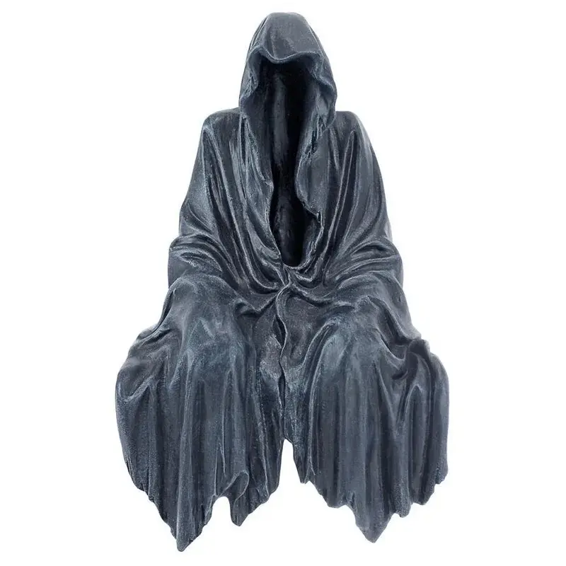 Grim Reaper Sitting Statue Gothic Scary Art Decor, Black Horror Robe Halloween Resin Death Reaper Thinker Sculpture, Novelty Creeper Home Decor Accent for Shelf, Table and Desktop
