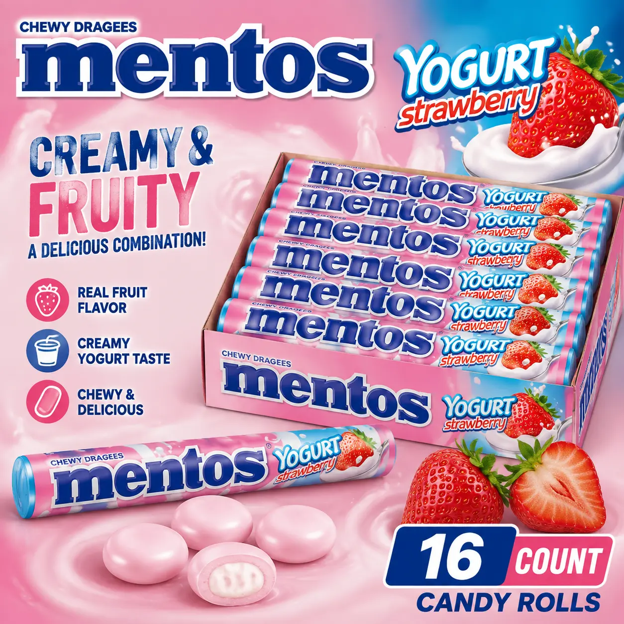 Mentos Yogurt Strawberry Chewy Candy Roll Import 16 Count Strawberry Yogurt Candy